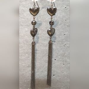 Gothic Black Double Heart Tassel Drop Earrings – Gunmetal Grunge Alt Style